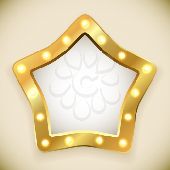Blank golden star frame with light bulbs vector illustration.