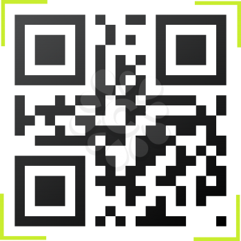 Black and white QR code with green reader frame vector illustration.