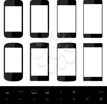 Set of smartphone shapes with blank screen and control elements at the bottom.