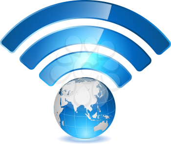 Wireless access point to global network concept. Globe with signal arcs isolated on white background.