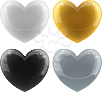 Glossy hearts vector set with color variants – white, black, gold, silver.