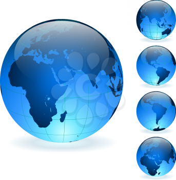 Blue Earth globes vector set isolated on white background.