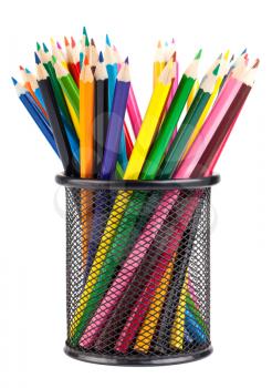 Various color pencils in black container isolated on white background