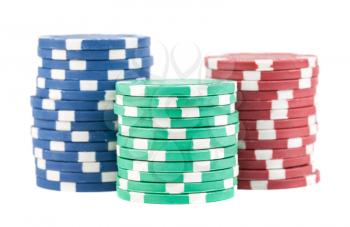 Three stacks of casino chips isolated on white background