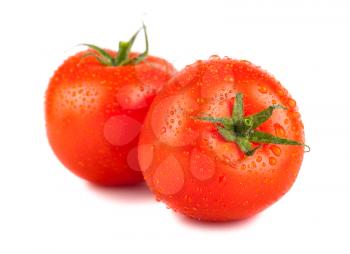 Pair of ripe red tomato with water drops isolated on white background