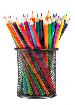 Various color pencils in black metal container isolated on white background