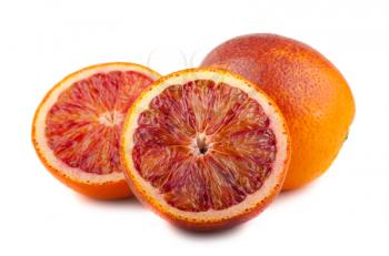 Whole and two halves of blood red oranges isolated on white background