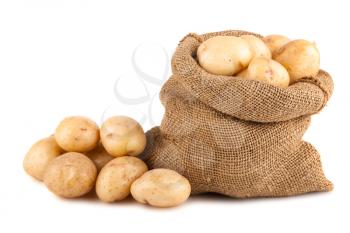 Sack of ripe potatoes isolated on white background