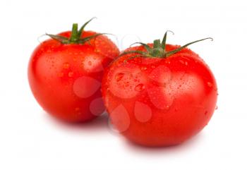 Pair of red ripe tomatoes with water drops isolated on white background