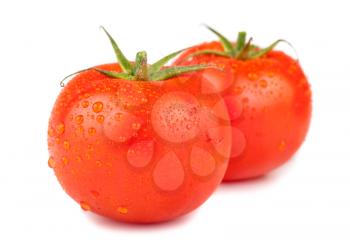 Pair of red ripe tomatoes with water drops isolated on white background