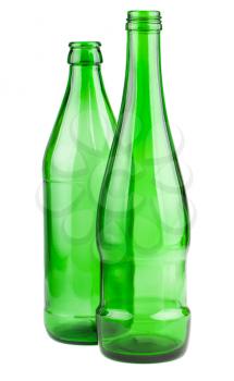 Two empty green bottles isolated on a white background