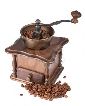 Vintage coffee grinder with coffee isolated on white background