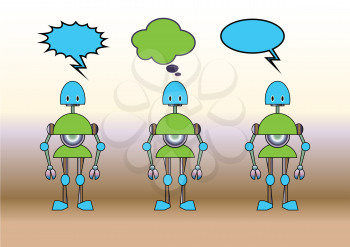 Royalty Free Clipart Image of Robots With Speech Bubbles