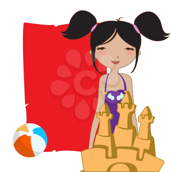 Royalty Free Clipart Image of a Girl With a Sandcastle