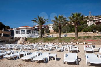 Lounges on the beach in Cesme, Turkey
