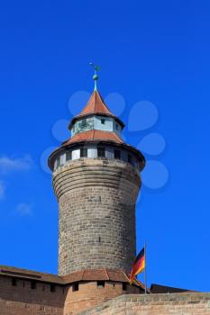 Nuremberg Castle (Sinwell tower) with blue sky and clouds, Germany
