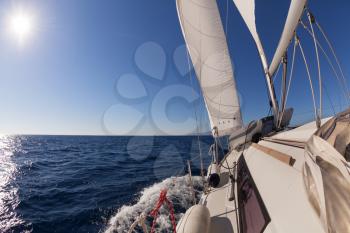 Sailing boat wide angle view in the sea
