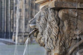 Lion statue and fountain on the square near Cologne cathedral, Germany

