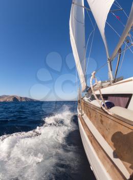 Sailing boat wide angle view in the sea
