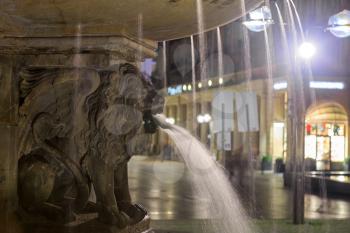 Lion statue with streaming water from mouth near Cologne cathedral, Germany
