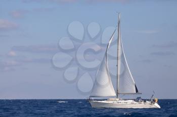 Sailing boat in open blue sea
