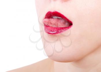 Woman open mouth and lips with red lipstick
