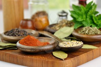 arrangement of spices on a wooden board , close up