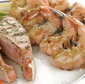 Grilled Salmon And Shrimps In A Plate