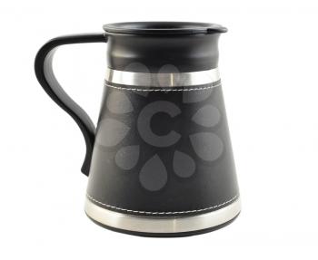 a black travel coffee mug on white background