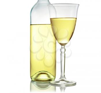 a glass of white wine with bottle