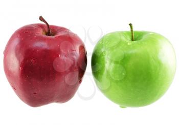 green and red apples with water drops over white