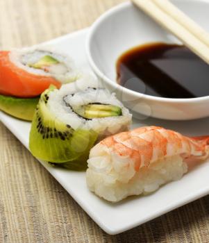Sushi Rolls ,Close Up On White Dish