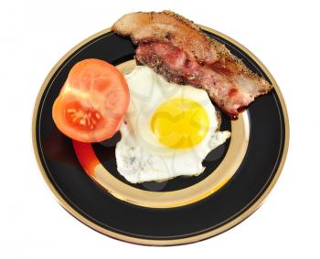 egg and bacon on white background, top view