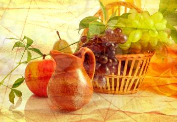 vintage style grunge texture with fruits and pitcher