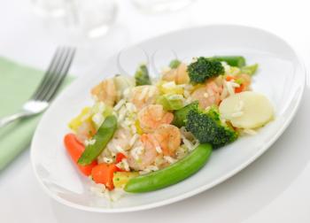 shrimps with rice ,vegetables, pineapple and sweet and sour sauce