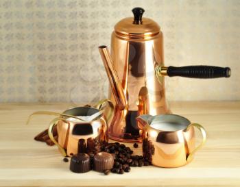 vintage coffee set with chocolate and coffee beans