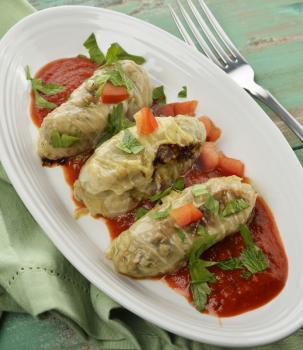 Stuffed Cabbage With Tomato Sauce, Close Up