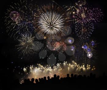 Group Of People Watching Beautiful Fireworks 