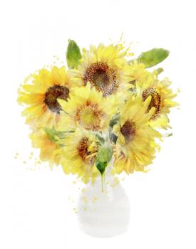 Watercolor Digital Painting Of Sunflowers Bouquet In Vase