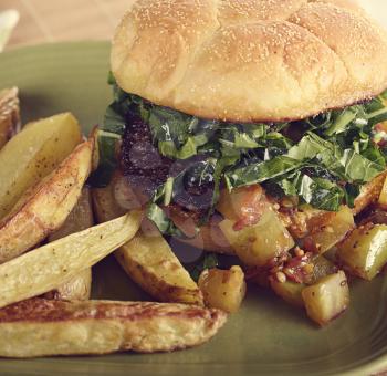 Burger With Beef ,Green Tomato And Roasted Potatoes