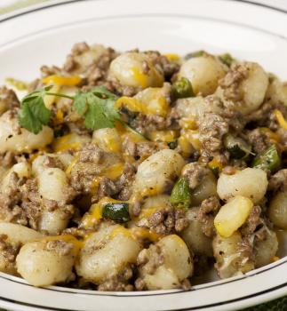 Potato gnocchi, Italian potato dumplings with ground beef ,green beans and cheese