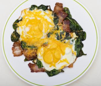 Keto diet breakfast with  eggs, spinach and bacon.Low carb high fat breakfast.