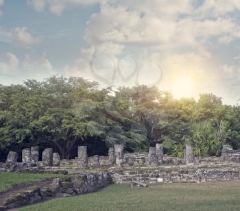 Mayan Ruins in San Gervasio,Cozumel, Mexico at sunset .The Palace Structure.