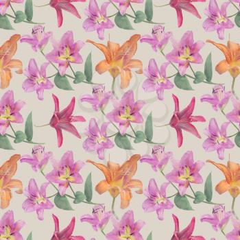 Seamless floral design with lily  flowers for background, Endless pattern.Watercolor illustration.