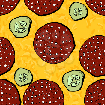Seamless pizza with cheese and Salami. Vector pattern