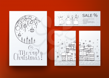 Hand Drawn Christmas and New Year Vector greeting card with Christmas decoration, gift boxes and happy snowmans