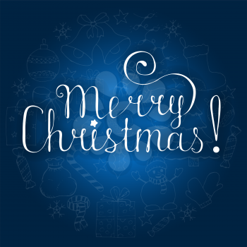 White christmas lettering on blue background with doodle hand drawn icons. vector illustration