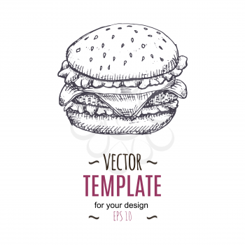 Vector vintage burger drawing. Hand drawn monochrome fast food illustration. Great for menu, poster or label.