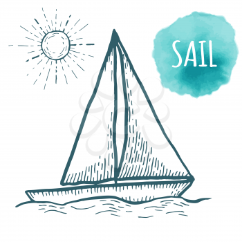 Sail drawing on white background. Hand drawn outline naval illustration.