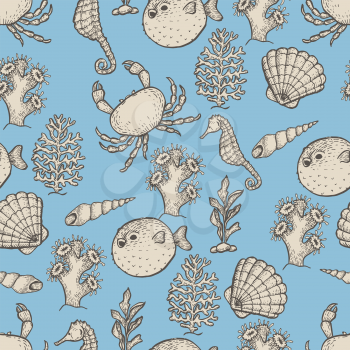 Hand drawn outline sea life illustration. Sketch seamless pattern